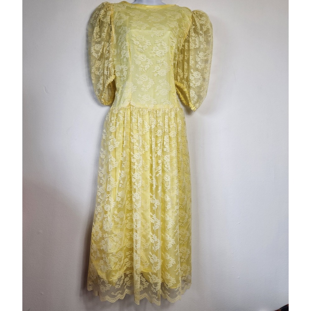 Vintage 80s Yellow Lace Prom Dress Puff Sleeve Big Bow Princess Cottagecore S